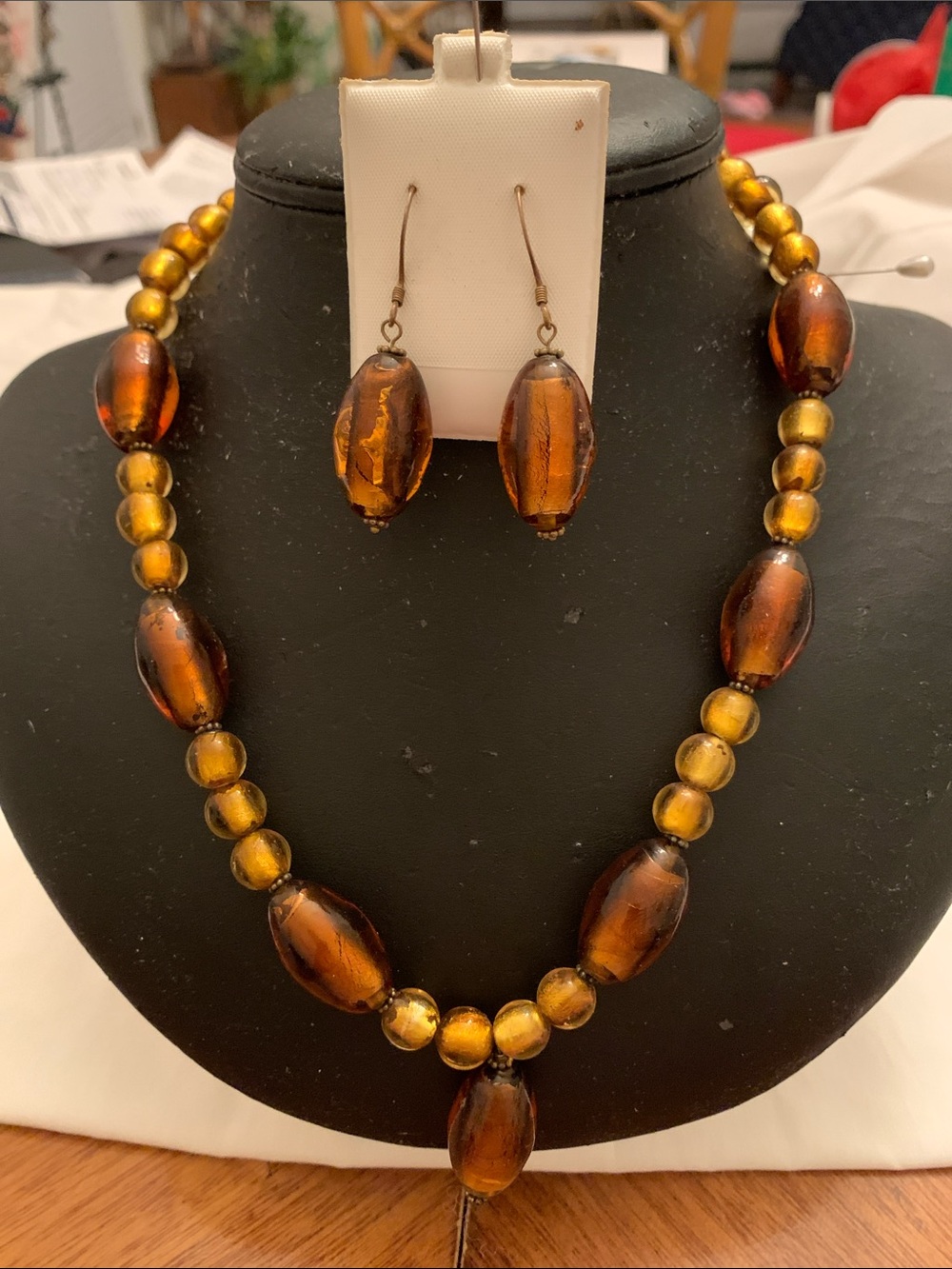 Baltic Amber Barrel Bead Necklace and Pierced Earrings